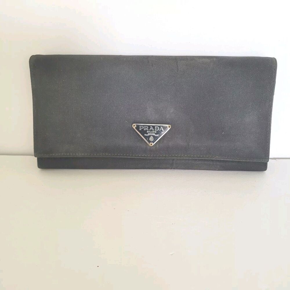 PRADA Vintage Tessuto Nero Black Nylon Leather Logo Plate Wallet Large Envelope - Picture 2 of 12